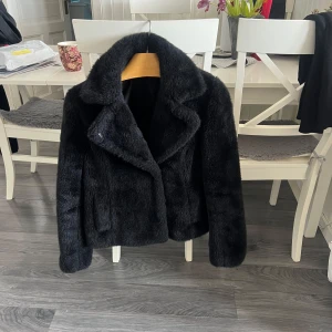 Svart pälsjacka - Säljer en snygg svart pälsjacka med långa ärmar och en klassisk krage. Jackan har en stilren design och är perfekt för kyligare dagar. Den är mjuk och ger en lyxig känsla.