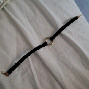 Svart choker med ring - Snygg svart choker med en rund guldfärgad metallring i mitten. Halsbandet har ett brett, sammetsliknande band, typ filttyg, och justerbart spänne i guldfärg. Perfekt accessoar för att ge din outfit en goth vibe. Spännet är lite sönder men funkar ändå. Jag använde det till cosplay.