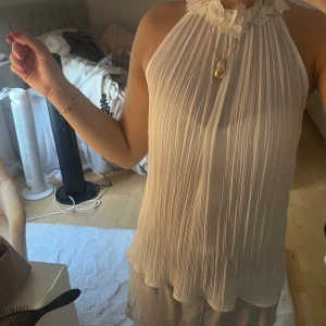 Vit  blus/topp från Zara - Supersöt vit plisserad blus från Zara med hög hals och dekorativa blommor vid kragen. Köpt för två år sedan. Andvänd max 3 gånger. Köpt för 259.