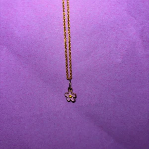 Guldigt halsband med blomma - Sött halsband med tunn guldfärgad kedja och ett litet hänge i form av en blomma. Blomman är vit med en gul prick i mitten, vilket ger en gullig och lekfull känsla. Perfekt accessoar för att addera lite extra charm till din outfit.