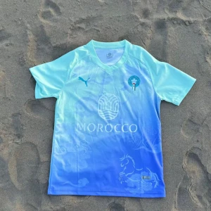Ljusblå fotbollströja från Puma med Marocko-tryck - Säljer en snygg ljusblå fotbollströja från Puma med Marocko-tryck på bröstet och ett coolt mönster med hästmotiv nertill. Tröjan har korta ärmar och rund hals. Perfekt för dig som gillar unika matchtröjor.