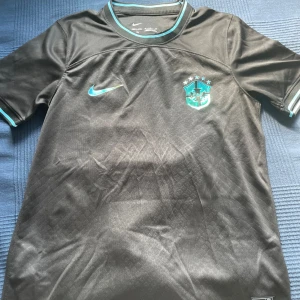 Svart Brasilien fotbollströja från Nike - Säljer en helt ny svart Brasilien fotbollströja aldrig använd med blå detaljer och broderat landslagsmärke på bröstet. Tröjan har korta ärmar och rund hals med blå rand. Perfekt för dig som vill sticka ut eller heja på Brasilien. (Det är bara fråga vid frågor )😃  kan gå ner i pris vid snabb affär.