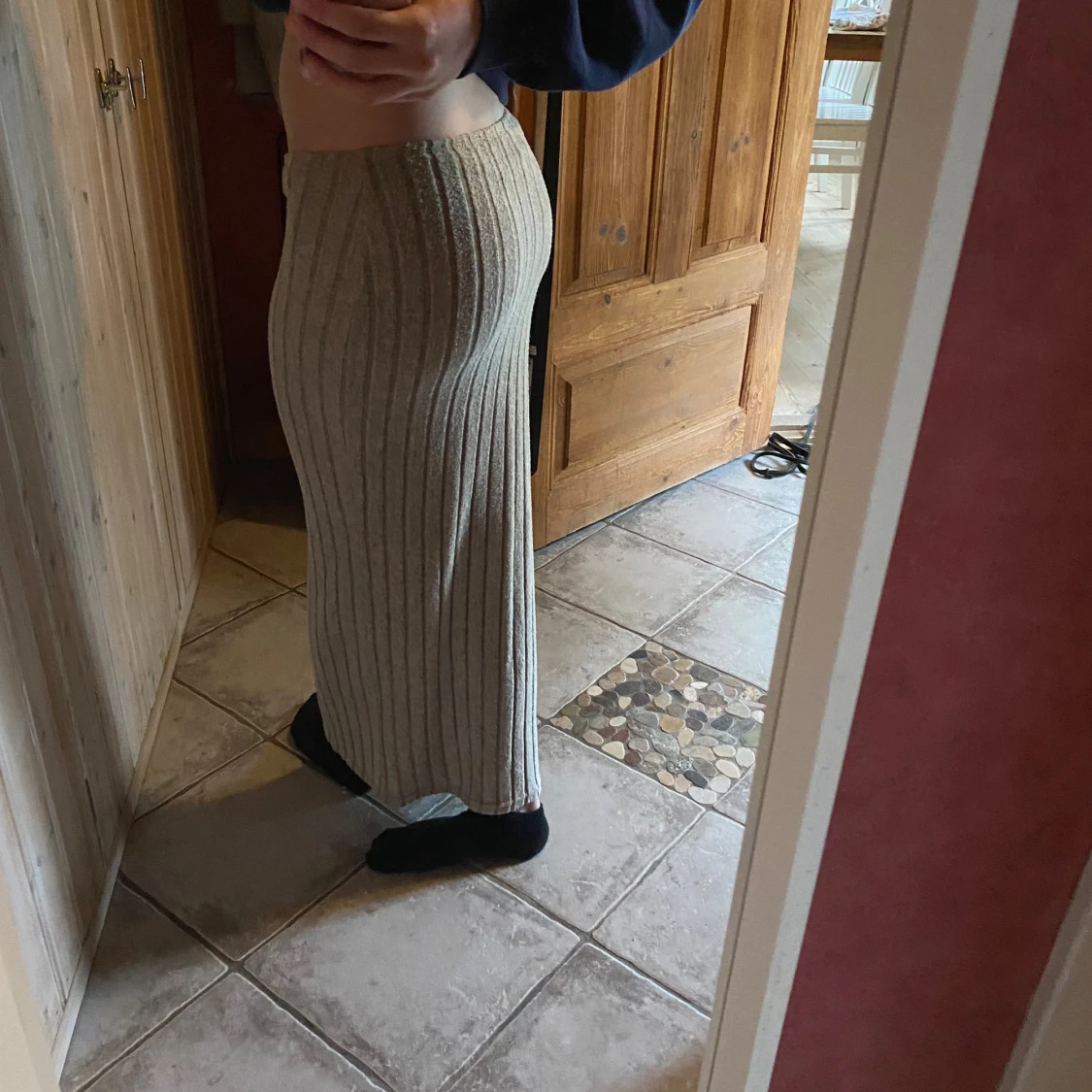 Beige ribbad långkjol - 1