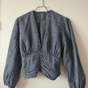Blåvit rutig blus med v-ringning - Säljer nu denna jättesnygga trendiga zara topp dp den inte kommit till användning så mycket som jag hade önskat🤍 (Lånade bilder)