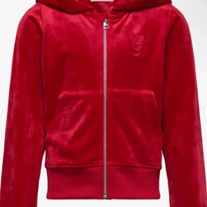 Röd velour hoodie med dragkedja - Säljer en röd velour hoodie från Guess med dragkedja framtill och broderad logga på bröstet. Jackan har huva, ribbade muddar och två fickor framtill. Perfekt för en avslappnad och trendig look.
