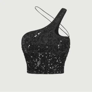 Svart paljettprydd oneshoulder topp - Snygg svart oneshoulder topp med glittrande paljetter. Perfekt för en festlig kväll. Toppen har en dragkedja i sidan för enkel på- och avtagning.
