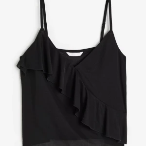 Svart linne med volangdetalj - Snygg svart linne med smala axelband och volangdetalj framtill. Perfekt för en stilren och elegant look. Passar bra till både jeans och kjol. Aldrig använd och slutsål på hemsidan💖💖