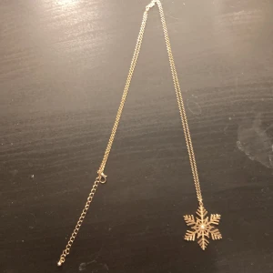 Guldigt halsband med snöflingehänge - Elegant guldigt halsband med ett detaljerat snöflingehänge. Hänget har en liten pärla i mitten som ger en extra touch av elegans. Perfekt för att lysa upp vintermånaderna. Halsbandet är ganska långt, säljer pg av att jag inte använder det!! 💕