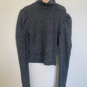 Glittrig svart polotopp från Divided - Säljer en glittrig svart polotopp från Divided i storlek XS. Toppen har långa ärmar och en tight passform med lätt puff vid axlarna. Perfekt för dig som vill sticka ut lite extra med en snygg och trendig look.