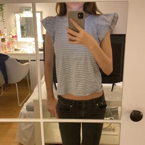 Randig blus med volangärmar - Säljer en söt randig blus med volangärmar. Blusen har en avslappnad passform och är perfekt för sommardagar. Den är i en klassisk blå och vit färgkombination.