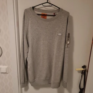 Grå sweatshirt från Alpha Industries har balmain på armen - Säljer en stilren grå sweatshirt från Alpha Industries. Tröjan har en praktisk ficka med dragkedja på ärmen och en diskret logga på bröstet. Perfekt för en avslappnad look.