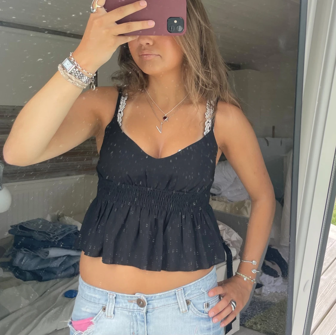 Svart linne topp blus volang - 1