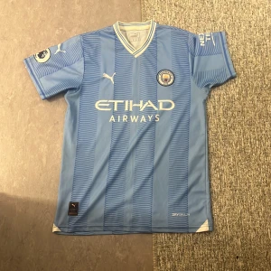 Manchester City Puma matchtröja M - Manchester Citys officiella matchtröja från Puma i ljusblått med subtila ränder och klubbmärke på bröstet. Kortärmad modell med vit och blå krage, Etihad Airways-tryck och autentisk licensbricka. Tillverkad i lätt funktionsmaterial.