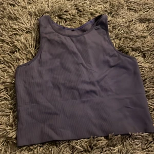 Lila ribbad linnetopp - Säljer en lila ribbad linnetopp med hög hals och ärmlös design. Toppen är tillverkad i ett stretchigt syntetmaterial som passar perfekt för träning eller en aktiv vardag. Enkel och stilren look som är lätt att matcha med andra plagg. Finns hål för att stoppa in inlägg vid brösten (kommer utan inlägg dock).