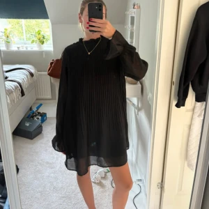 Svart plisserad kortklänning - Säljer en svart kortklänning med plisserat tyg och transparenta, vida långärmar. Klänningen har en lös passform och hög hals, vilket ger en cool och trendig look. Perfekt för dig som gillar stilrena och enkla plagg med det lilla extra.