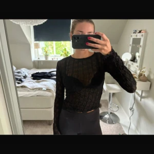 Svart mesh topp med struktur - Säljer en svart långärmad mesh topp med strukturerat tyg. Toppen är genomskinlig och har en tight passform med rund halsringning. Perfekt att styla med ett snyggt linne eller bh under. Supertrendig och passar till många olika looks.