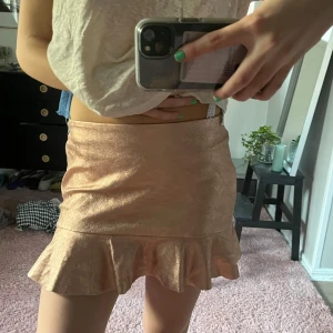 Glittrig kjol från Zara - Snygg glittrig kjol från Zara i en skimrande beige färg. Kjolen har en volangdetalj längst ner som ger en extra touch. Perfekt för att sticka ut på festen! ✨