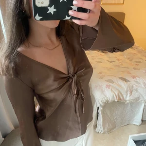 Brun långärmad blus med knyt - Snygg brun blus med långa ärmar och knytning framtill. Perfekt för en stilren look. Passar bra till både jeans och kjol. Från Zara och den har bara använts en gång och är som ny 