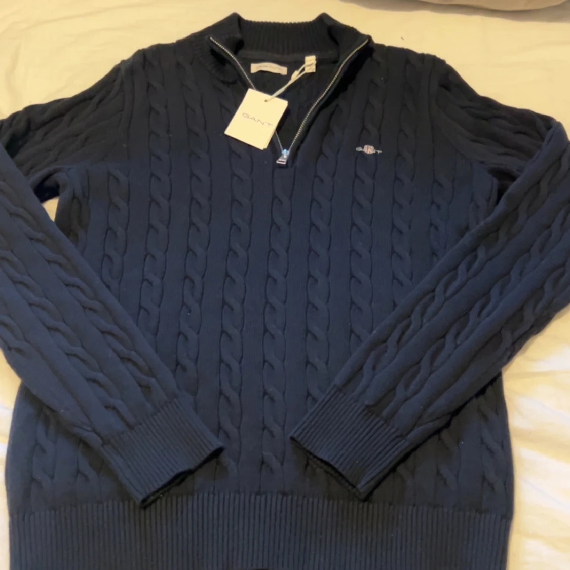 Mörkblå Halfzip Kabelstickad kofta GANT