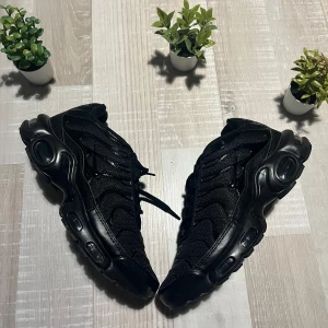 Svarta Nike Air Max Plus sneakers - Säljer ett par helsvarta Nike Air Max Plus sneakers med mesh och syntetiska detaljer. Skorna har en chunky sula med synliga luftbubblor och diskret Swoosh på sidan. Klassisk snörning och ikonisk Air-logga på plösen. Perfekta för dig som gillar streetwear.