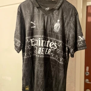 Svart AC Milan fotbollströja - AC Milan x Puma matchtröja i svart med unikt grafiskt mönster inspirerat av gotisk arkitektur. Tröjan har korta ärmar, krage och flera tryckta loggor som Emirates, MSC och wefox. Tillverkad i lätt och ventilerande polyester med DryCell-teknologi. XL i storlek men passar som L.