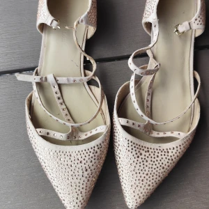 Beige spetsiga ballerinaskor från Zara - Snygga ballerinaskor från Zara i beige med spetsig tå och glittriga stenar över hela skon. Skorna har tunna remmar med små nitar och spänne runt vristen. Perfekta för dig som vill sticka ut med en elegant och trendig look.