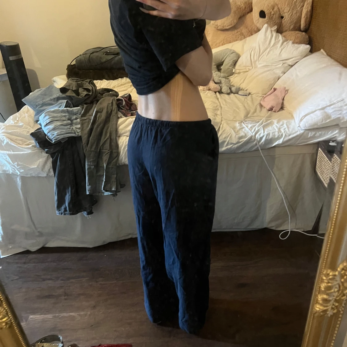 Mörkblå linnebyxor med snörning - 1