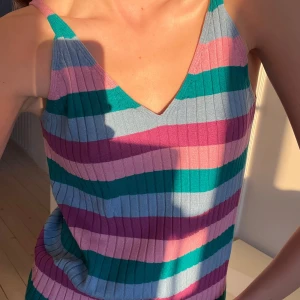 Randig ribbad topp - Säljer en färgglad randig topp  med v-ringning och smala axelband. Klänningen har ett ribbat mönster i rosa, blå och gröna nyanser. Perfekt för en somrig look!