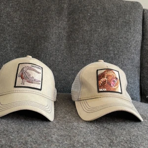 Gråa kepsar med djurmotiv - Två gråa kepsar med broderade djurmotiv, en med krokodil och en med björn. Kepsarna har mesh på sidorna och justerbar baksida för perfekt passform. Kepsen med en krokodil är mer ren och fräsch, björn kepsen är lite mer smutsig rättare sagt! 