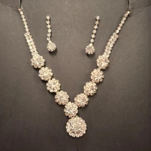 Glittrigt halsband och örhängen från Montini - Snyggt set med halsband och matchande örhängen från Montini. Smyckena är i silverfärg och dekorerade med glittrande stenar som ger en lyxig känsla. Perfekt för att lyfta din outfit till nästa nivå. Helt ny i originalförpackning. 