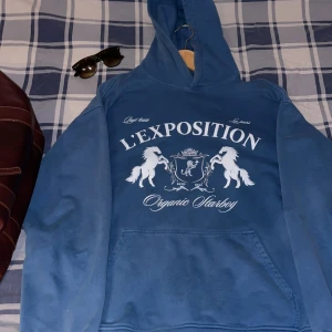 Blå hoodie med tryck - Säljer en blå hoodie med tryck av två hästar och texten 'L'EXPOSITION Organic Starboy'. Hoodien har en klassisk design med huva och en stor ficka framtill. Perfekt för en avslappnad stil.