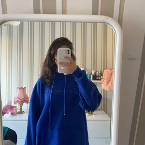 Blå hoodie med broderad logga - Säljer en blå hoodie från Champion men inte äkta Tröjan har huva med snörning och långa ärmar med Champion-märke på vänster ärm. 