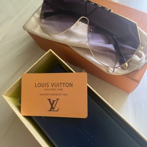 Lou1s Vu1tton solglasögon med guldiga detaljer - Snygga solglasögon från Lou1s Vu1tton med guldiga bågar och lila tonade glas. Klassisk pilotform och exklusiv känsla, perfekt accessoar för att lyfta din stil. Kommer med originalfodral och box.