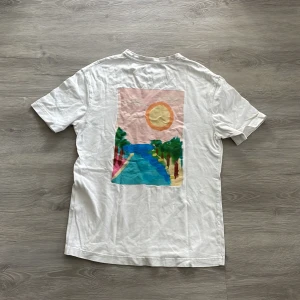 Vit t-shirt med färgglada tryck - Vit t-shirt från Zara med två unika tryck. På baksidan finns ett färgglatt landskap med sol, palmer och en flod. Framsidan har en illustration av en person med bucket hat, grå hoodie och randiga shorts. Perfekt för en avslappnad stil.