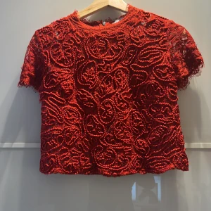 Röd spetsblus från Zara - Säljer en snygg röd spetsblus från Zara med korta ärmar och dragkedja i ryggen. Perfekt för en stilren look med det vackra spetsmönstret som ger en elegant touch. Passar utmärkt till både jeans och kjol. 🌟