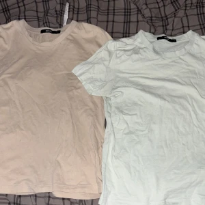 Två basic t-shirts från Bik Bok - Säljer två enkla t-shirts från Bik Bok, en i ljusbeige och en i mint grön. Båda har rund halsringning och korta ärmar. Perfekta att matcha med jeans eller kjol för en clean look. Den gröna tröjan har en liten defekt på sidan av tröjan men som inte märks av. Storlekar M och S. 