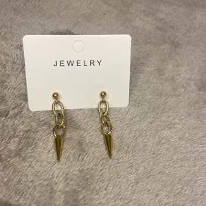 Guldiga örhängen med kedja och spike - Snygga guldiga örhängen med två tvinnade kedjelänkar och en cool konformad spike längst ner. Perfekta för dig som vill ha en edgy och trendig detalj till din look. Stift med plupp för enkel användning.