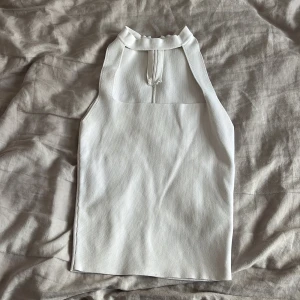 Vit ärmlös halterneck-topp - Säljer en stilren vit halterneck-topp med hög hals och ärmlös design. Toppen har en slät, lätt ribbad struktur och stängs med en dragkedja i nacken. Snygg festtopp eller att ha för att piffa upp i vardagen. Den är använd fåtal gånger men har en liten fläck i ryggen som inte märks av (kolla sista bilden)