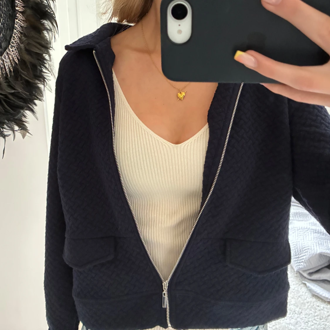 Mörkblå quiltad jacka med dragkedja - 1