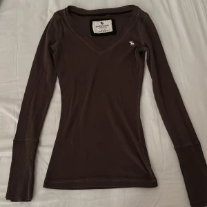 Brun v-ringad tröja Abercrombie - Slimmad brun långärmad tröja från Abercrombie med v-ringning och diskret broderad älg på bröstet. Köpt här på Plick, jätte sött tröja men knappt använt själv. Det står M som storlek men skulle säga att det mer är xs och s