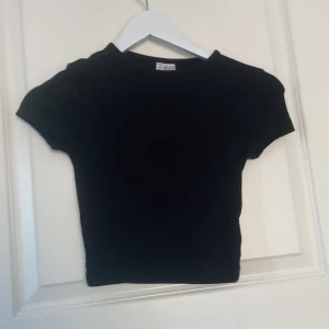 Svart croppad topp från H&M Divided - En svart, croppad topp från H&M Divided i storlek XS. T-shirten har korta ärmar, rund halsringning och är tillverkad i ett mjukt, ribbat bomullsmaterial. Perfekt för en enkel och stilren look.