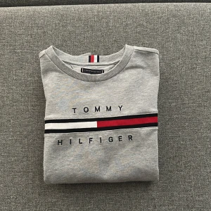 Grå Tommy Hilfiger sweatshirt - Snygg grå sweatshirt från Tommy Hilfiger med klassisk logga och ränder i rött, vitt och svart över bröstet. Tröjan har rund halsringning, långa ärmar och mjukt material i bomull. Perfekt för en chill och stilren look.