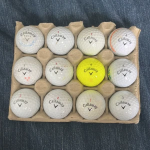 Callaway Golfbollar (12-pack) - Ett set med 12 Callaway-golfbollar, perfekt för dig som vill förbättra ditt spel eller bara ha extra bollar till hands. Innehåller både vita och en gul boll, levereras i praktisk kartong. Passar både nybörjare och erfarna golfare.