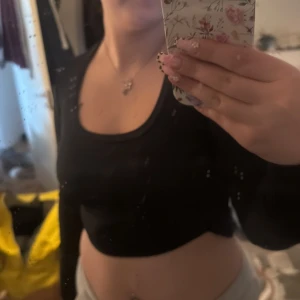 Svart croppad långärmad topp från SHEIN - Säljer en svart croppad långärmad topp från SHEIN. Toppen har en rund halsringning och är tillverkad i ett ribbat syntetmaterial som ger en tight passform. Perfekt att styla med höga byxor eller kjol.