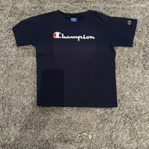 Svart t-shirt från Champion - Säljer en svart t-shirt från Champion med broderad logga på bröstet och ett litet märke på ärmen. Klassisk passform och rund halsringning. Perfekt för en sportig och avslappnad stil.