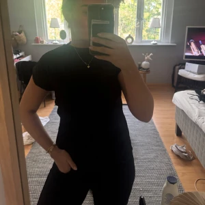 Svart plisserad klänning från Zara - Säljer en svart plisserad klänning från Zara med korta ärmar och hög hals. Klänningen har en smickrande, figurnära passform och är tillverkad i ett lätt, syntetiskt material. Perfekt för dig som gillar stilrena och moderna plagg.