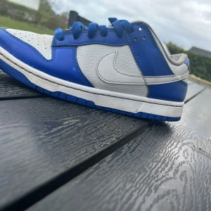 Nike Dunk Low blå och vita sneakers - Säljer ett par Nike Dunk Low sneakers i blått och vitt med klassisk Nike swoosh på sidan nästan helt nya använda 5 gånger 