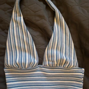Blå- och vitrandig halterneck topp - Säljer en blå- och vitrandig halterneck topp från Hm. Perfekt för sommaren.
