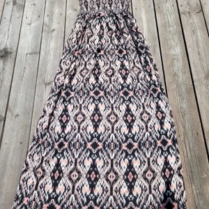 Mönstrad långklänning - En mönstrad långklänning med smala axelband. Klänningen har ett elastiskt livstycke och ett flödande kjolparti. Mönstret består av geometriska former i svart, rosa och beige. Aldrig använd.