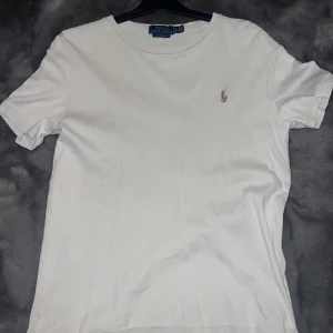 Polo Ralph lauren t shirt - Vit raffe T-shirt som blivit förliten, jag ser inga defekter och skulle säga att tröjan är i använt men bra skick. Nypris 1095kr